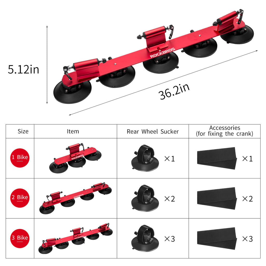ROCKBROS Suction Cup Car Roof Rack for 3 Bikes - Red
