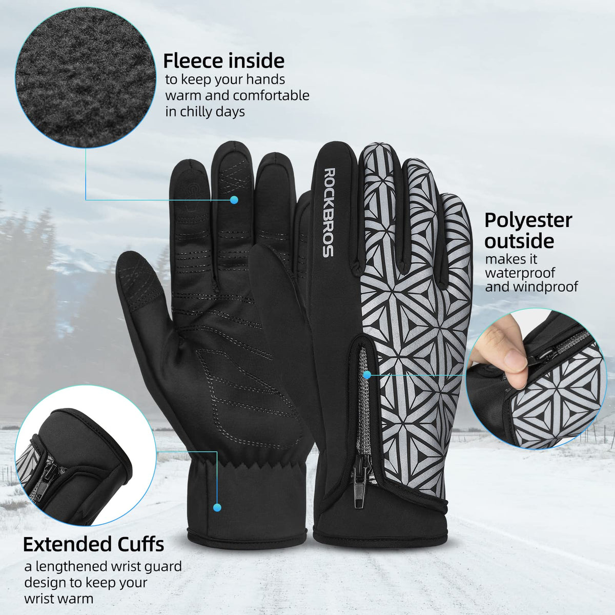 ROCKBROS Winter Cycling Gloves for Men & Women, Fleece Full Finger, Touch Screen Bike Gloves