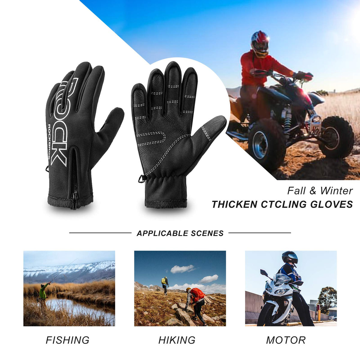 ROCKBROS Winter Cycling Gloves, Water-Resistant, Touch Screen, Anti-Slip Full Finger Gloves